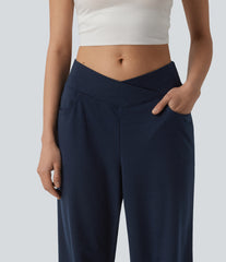 Mid Rise Crossover Wide Leg Capri Casual Pants with Pockets