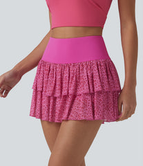 SoftlyZero™ Airy High Waisted Leopard Print Layered 2-in-1 InstantCool Mini Workout Skirt with Pocket-UPF50+