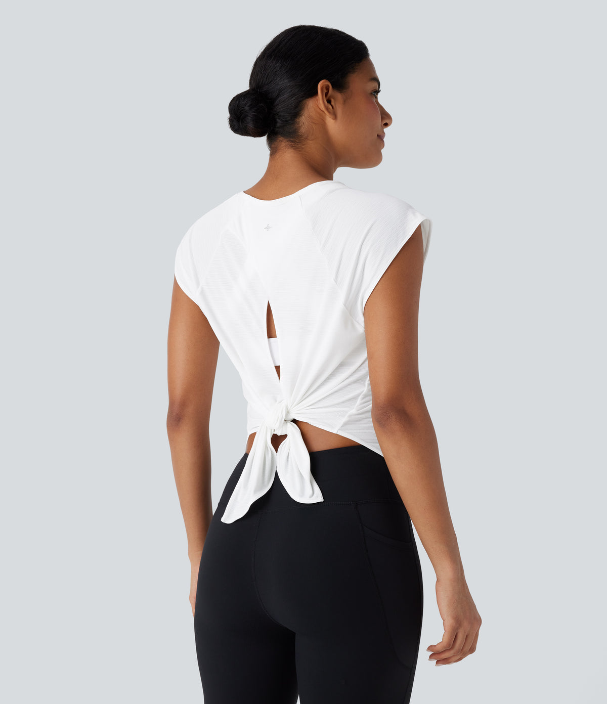 Round Neck Cap Sleeve Tie Back Curved Hem Yoga Sports Top