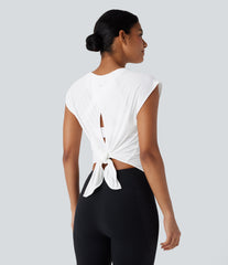 Round Neck Cap Sleeve Tie Back Curved Hem Yoga Sports Top