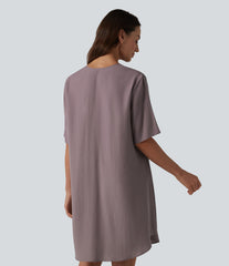 V-neck Short Sleeve Contrast Lace Mini Lyocell Casual Tunic Dress