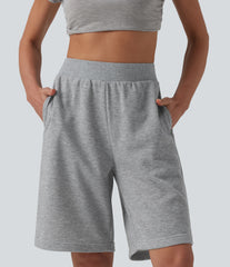 Mid Rise Inner Drawstring French Terry Baggy Casual Bermuda Sweat Shorts with Pockets