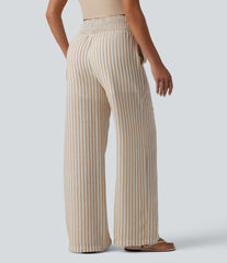 High Waisted Shirred 2-in-1 Straight Leg Stripe Casual Linen-Feel Pants with Pockets