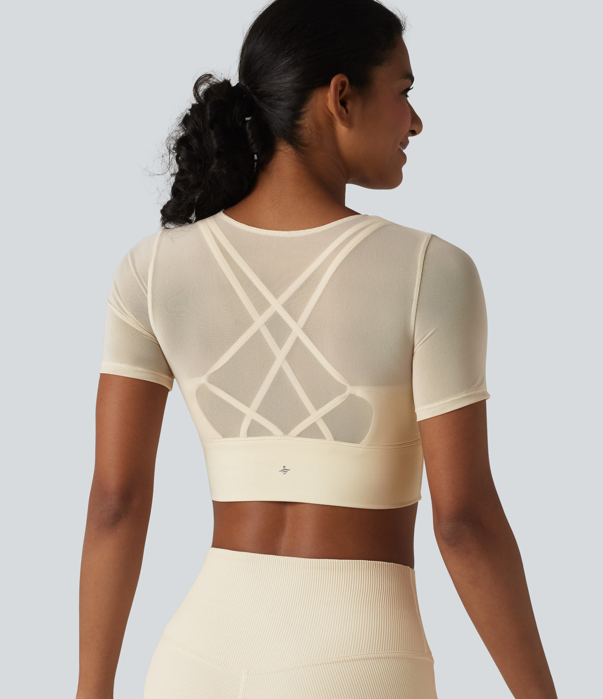 Contrast Mesh Short Sleeve 2-in-1 Cropped Yoga Sports Top