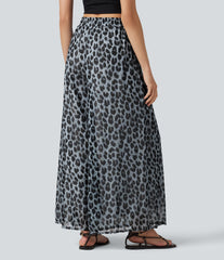 High Waisted Drawstring Baggy Leopard Print Sheer Mesh Casual Pants with Pockets