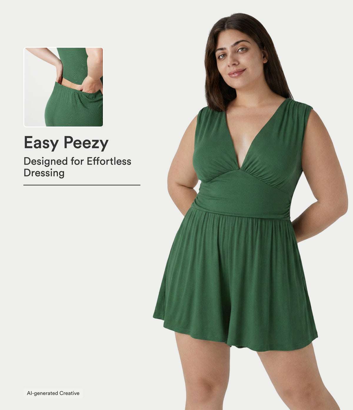 Ribbed V-neck Sleeveless Ruched Built-in Bra Casual Plus Size Romper with Pockets-Easy Peezy