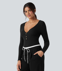 Ribbed Knit V-neck Long Sleeve Slim Heathered Casual Top