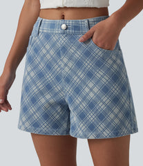 Halara Flex™ Mid Rise Plaid Denim Casual Shorts 4'' with Pockets