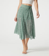 High Waisted Drawstring Leopard Print Contrast Mesh 2-in-1 Flowy Midi Flare Resort Skirt with Pockets