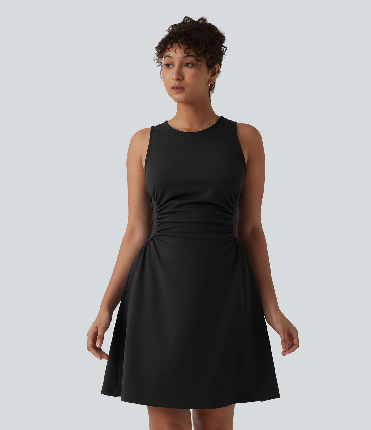 Round Neck Sleeveless Ruched Mini Work Dress with Pockets