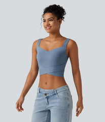Diamond Collar Built-in Bra Crossover Hem Cropped Casual Tank Top