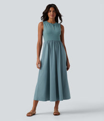 Breezeful™ Henley Neck Sleeveless Quick Dry Flowy Flare Midi Casual Dress with Pockets