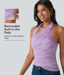 Halter Backless Ruched Mesh Overlay Built-in Bra Resort Tank Top