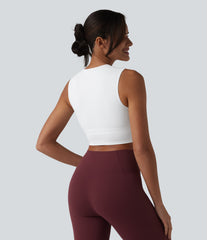 Ribbed Knit Twisted Mesh Overlay Built-in Bra InstantCool Anti-odor Yoga Cropped Tank Top-UPF40+