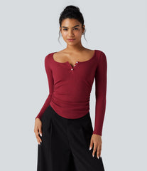 Ribbed Knit Henley Neck Long Sleeve Ruched Curved Hem Work T-Shirt