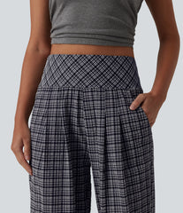 High Waisted Plaid Crinkle Quick Dry Casual Straight Leg Pants with Pockets