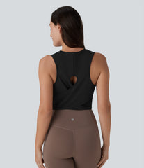 Cut Out Crossover Hem Solid Cropped Yoga Tank Top