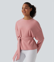 Round Neck Batwing Long Sleeve Belted Relaxed Casual Top