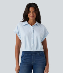 Collar Batwing Sleeve Stripes Crinkle Cotton Casual Shirt