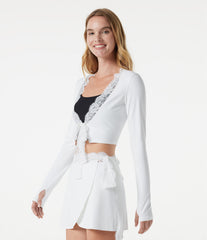 SoftlyZero™ Plush Long Sleeve Thumb Hole Tie Front Contrast Lace Cropped Yoga Sports Top