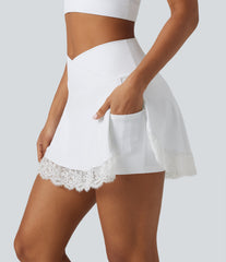 SoftlyZero™ Airy High Waisted Crossover 2-in-1 Lace Hem InstantCool Mini Golf Skirt with Pockets-UPF50+