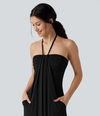 Halter Tie Back A-Line Midi Dress with Pockets