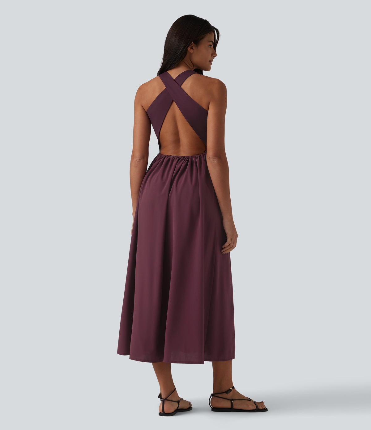 U Neck Midi Casual Dress with Pockets
