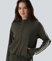 DayStretch Stand Collar Color Block Stripes Workout Jacket with Pockets
