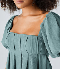 Lace Up Square Neck Puff Sleeve Pocket Casual Linen-Feel Babydoll Dress