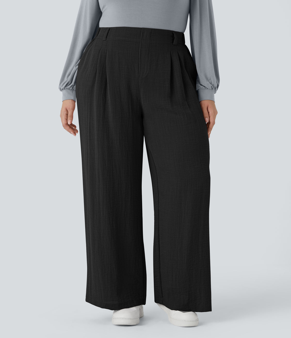 High Waisted Pocket Wide Leg Flowy Casual Linen-Feel Plus Size Pants