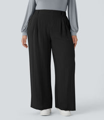High Waisted Pocket Wide Leg Flowy Casual Linen-Feel Plus Size Pants