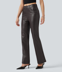 Mid Rise Stretchy PU Bootcut Casual Pants with Pockets