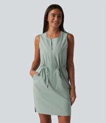 Round Neck Sleeveless Half Zip Drawstring Mini Hiking Active Dress with Pockets