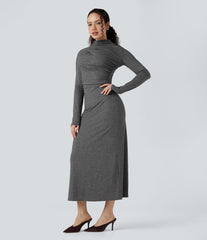 Mock Neck Long Sleeve Midi Casual Dress