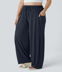 Mid Rise Elastic Waistband Drawstring Pocket Palazzo Flowy Wide Leg Casual Plus Size Pants