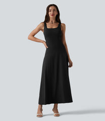 Crisscross Backless Square Neck Sleeveless Flowy Midi Bridesmaid And Wedding Guest Dress