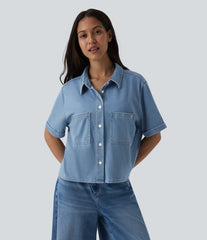 Halara Flex™ Short Sleeve Draped Lyocell Denim Casual Shirt with Pockets