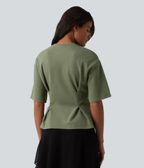 Round Neck Cinched Waist Casual Peplum Blouse