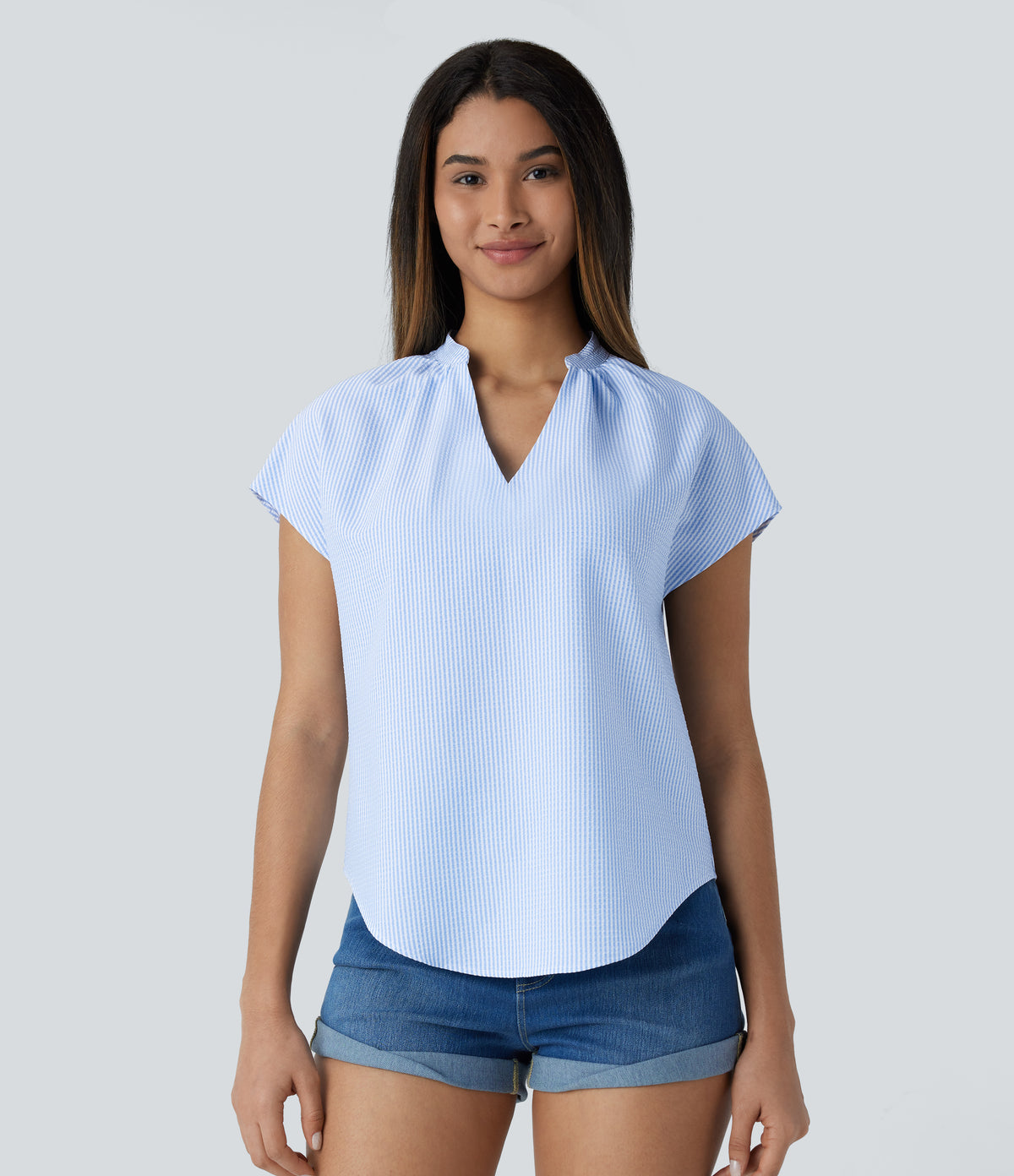 V Neck Short Sleeve Curved Hem Stripe Casual Top