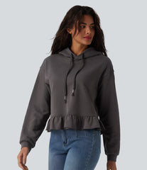 Hooded Drawstring Long Sleeve Ruffle Hem Casual Cotton Sweatshirt