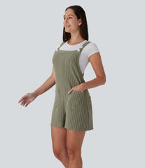 Ribbed Knit Pockets Casual Short Overalls