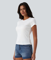 Semi Sheer Ribbed Knit Round Neck Short Sleeve Casual T-Shirt