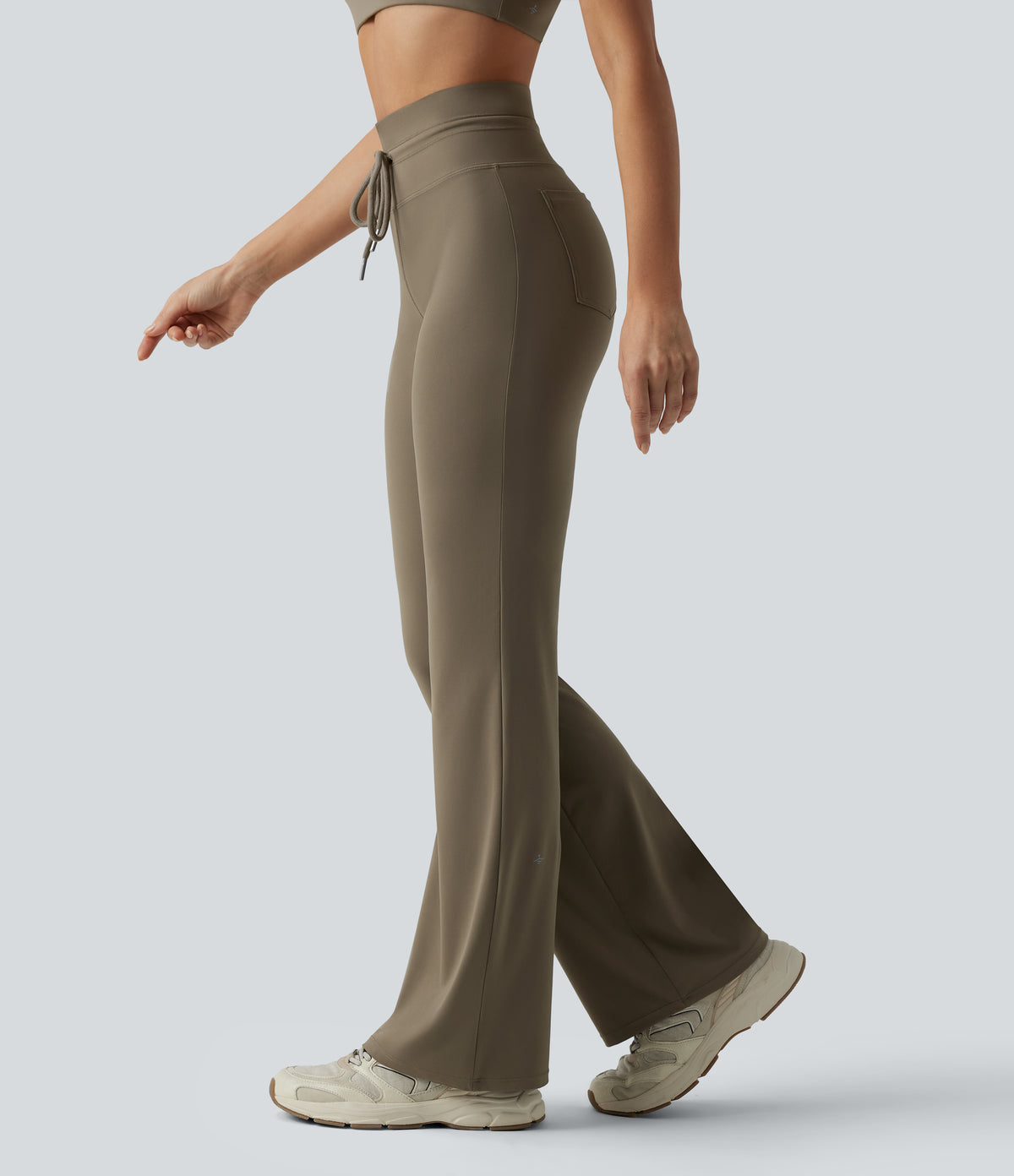 High Waisted Drawstring Plain Flare Yoga Pants with Pockets