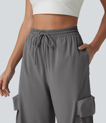 High Waisted Drawstring Quick Dry InstantCool Workout Straight Leg Cargo Pants with Pockets-UPF40+