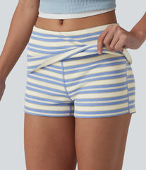 Ribbed Knit Foldover Low Rise Stripes Casual Skinny Shorts