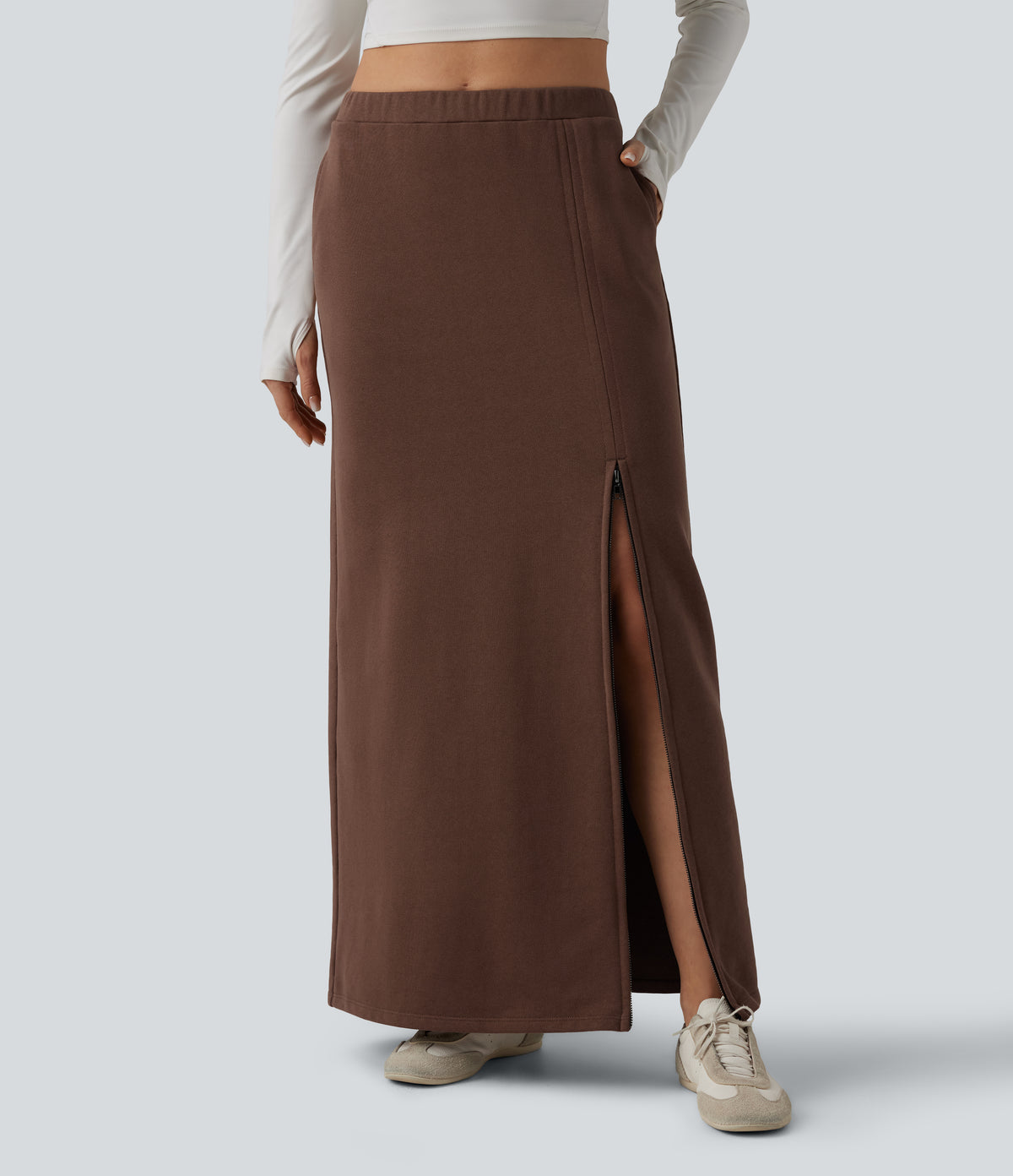 High Waisted French Terry Maxi Casual Cotton Skirt with Pockets