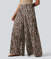 High Waisted Wide Leg Leopard Print Casual Pants with Pockets