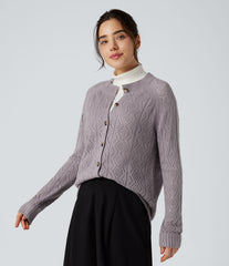 Round Neck Long Sleeve Button Fly Hollow Out Casual Cardigan