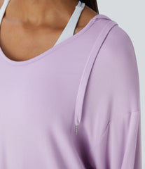 Hooded V Neck Drawstring Thumb Hole Longline Casual Sweatshirt