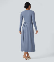 Mock-neck Long Sleeve  A-line Casual Maxi Dress with Pockets